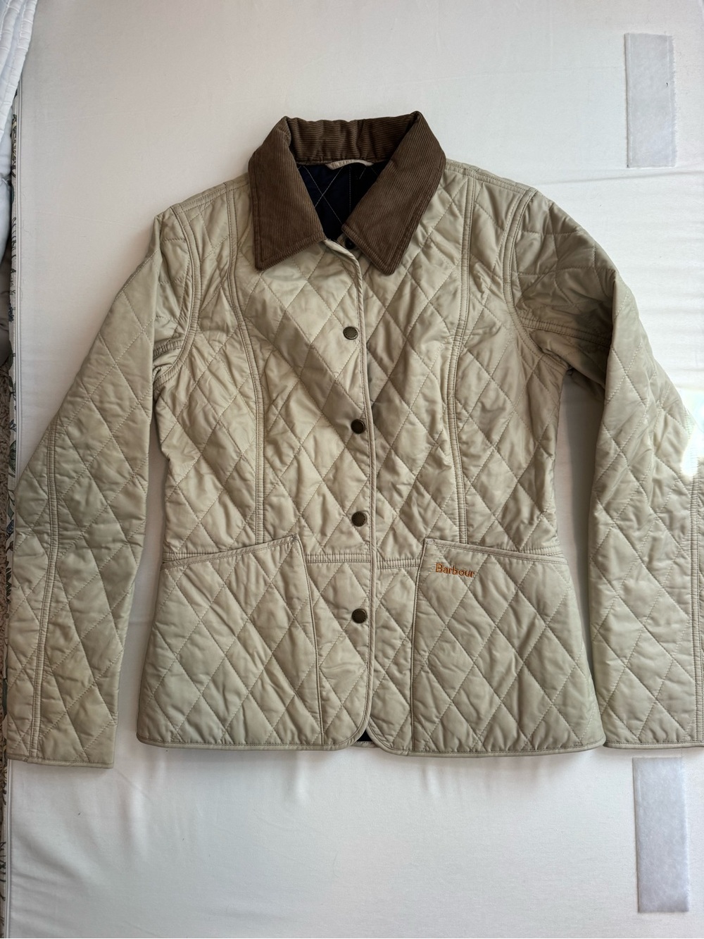 Barbour Quilted Cream Utility Jacket with Brown Corduroy Collar